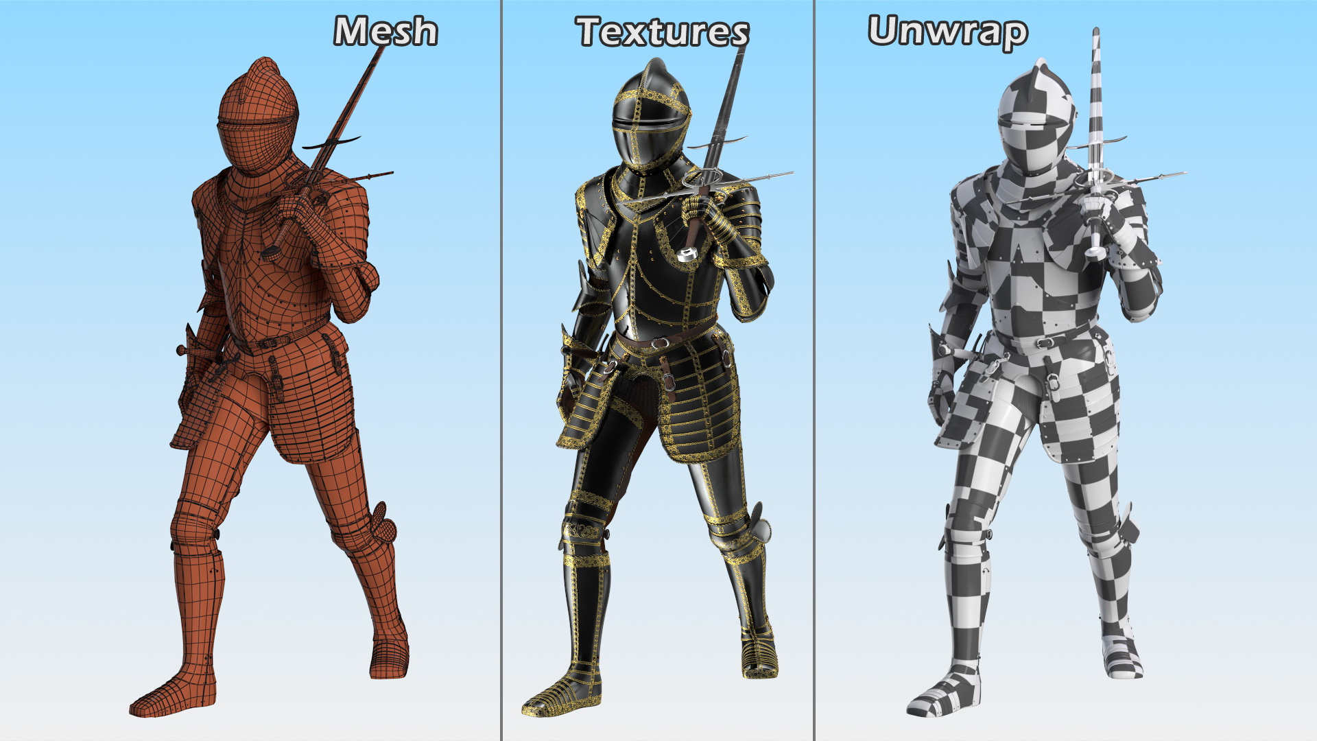 3D model Medieval Knight Black Gold Full Armor Walking Pose