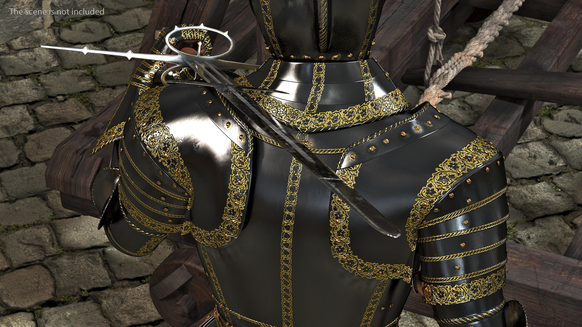 3D model Medieval Knight Black Gold Full Armor Walking Pose