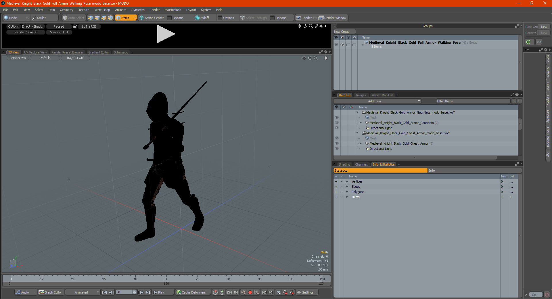 3D model Medieval Knight Black Gold Full Armor Walking Pose