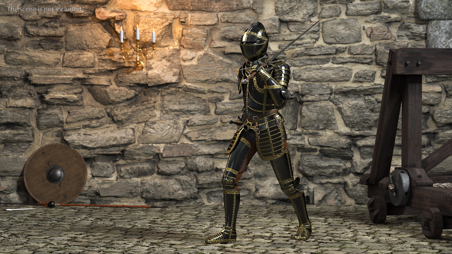 3D model Medieval Knight Black Gold Full Armor Walking Pose