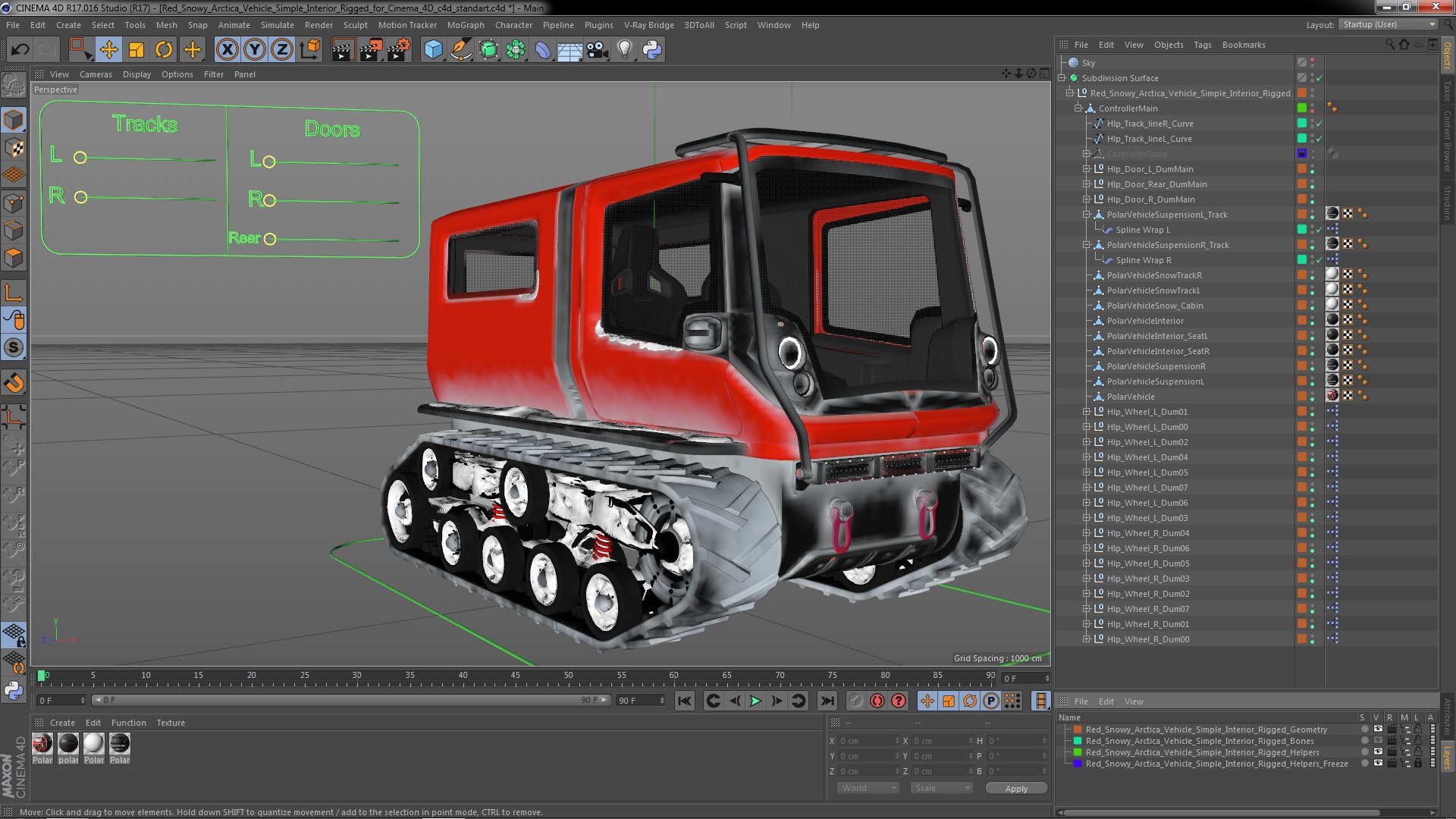 Red Snowy Arctica Vehicle Simple Interior Rigged for Cinema 4D 3D