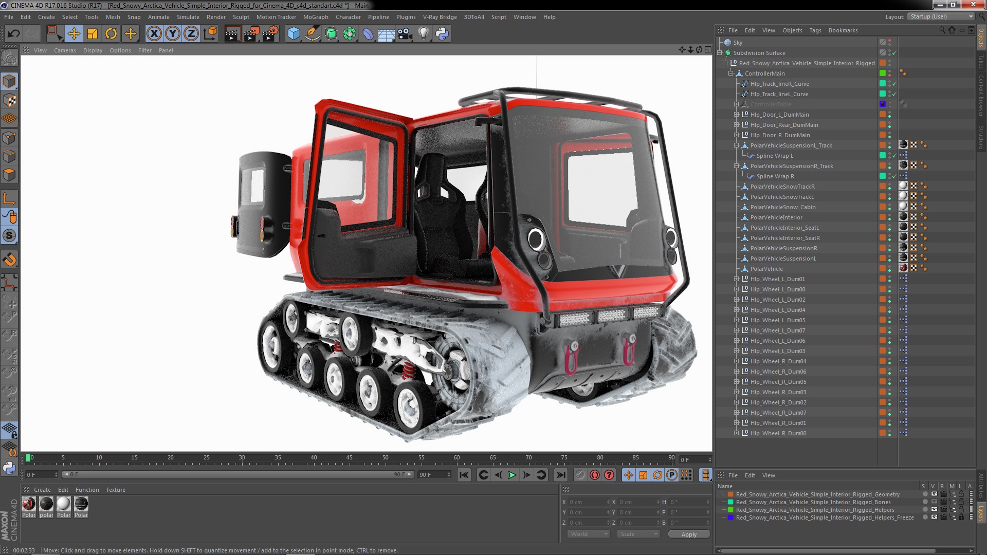 Red Snowy Arctica Vehicle Simple Interior Rigged for Cinema 4D 3D