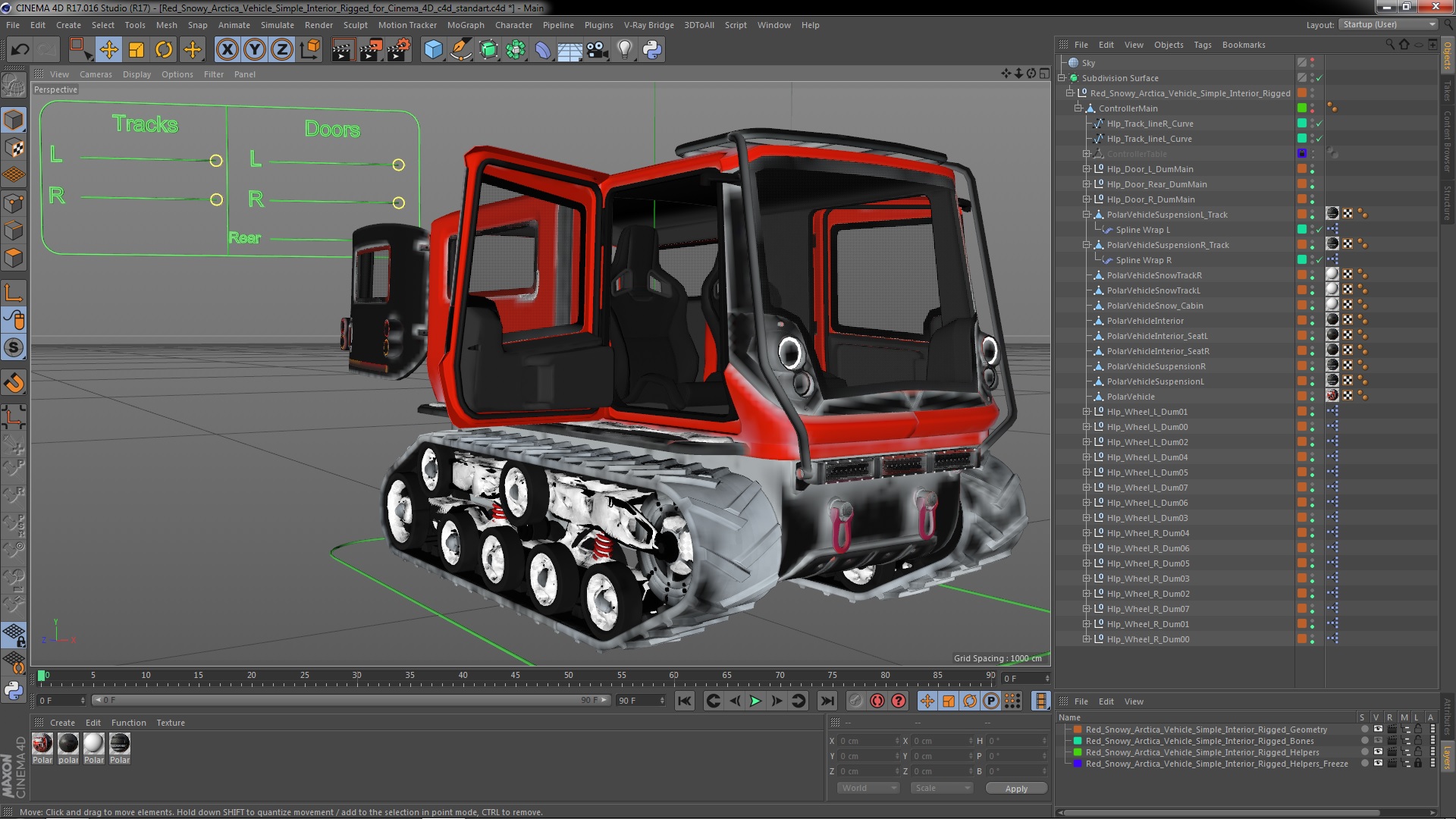 Red Snowy Arctica Vehicle Simple Interior Rigged for Cinema 4D 3D