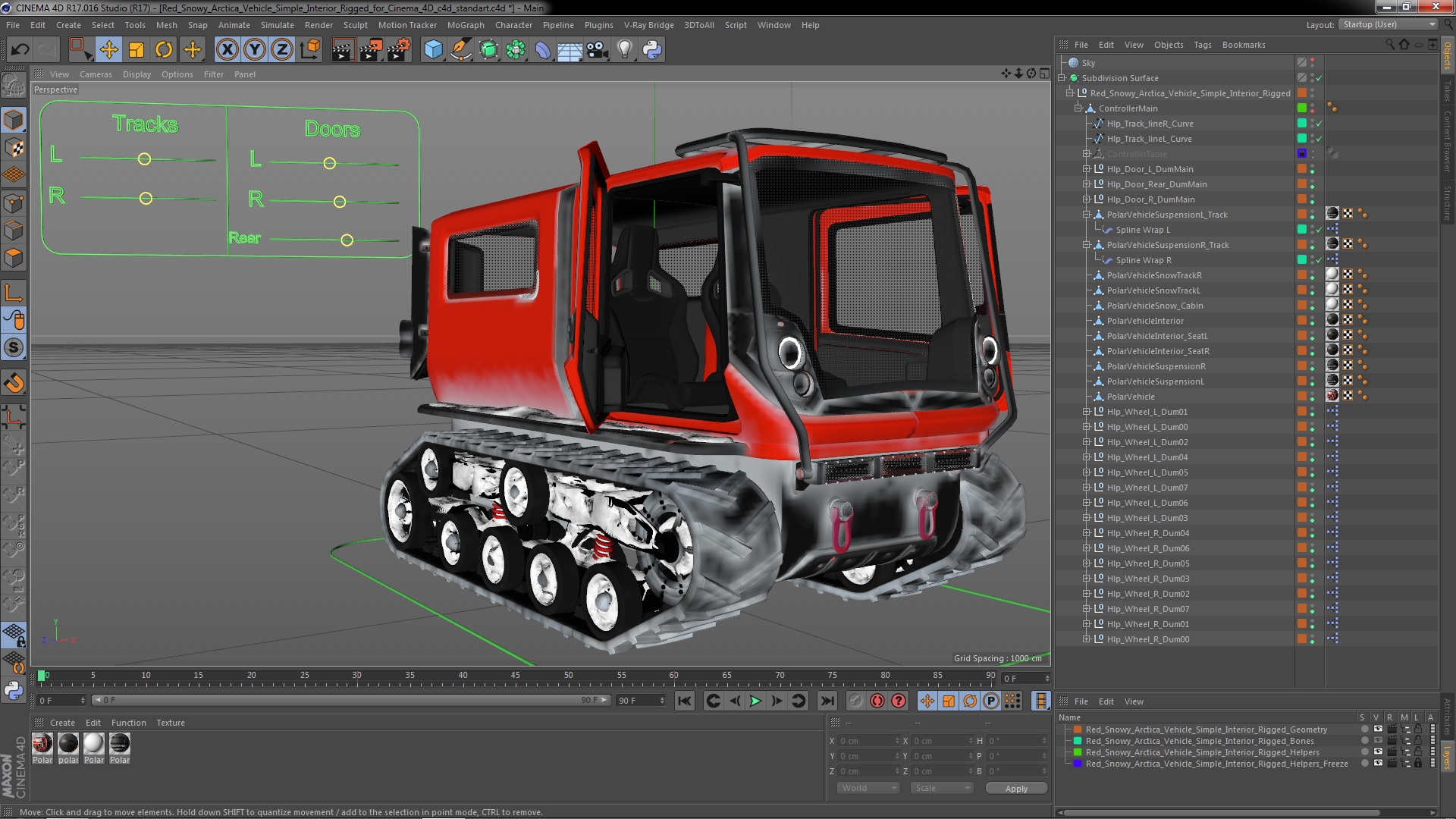 Red Snowy Arctica Vehicle Simple Interior Rigged for Cinema 4D 3D