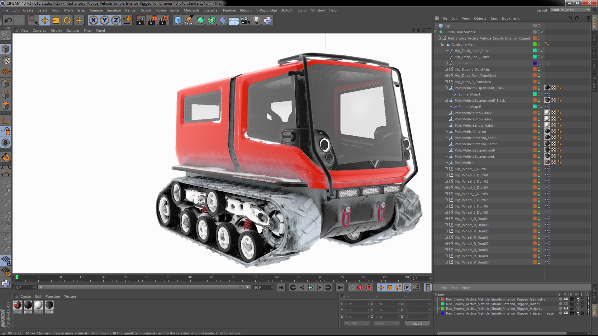 Red Snowy Arctica Vehicle Simple Interior Rigged for Cinema 4D 3D