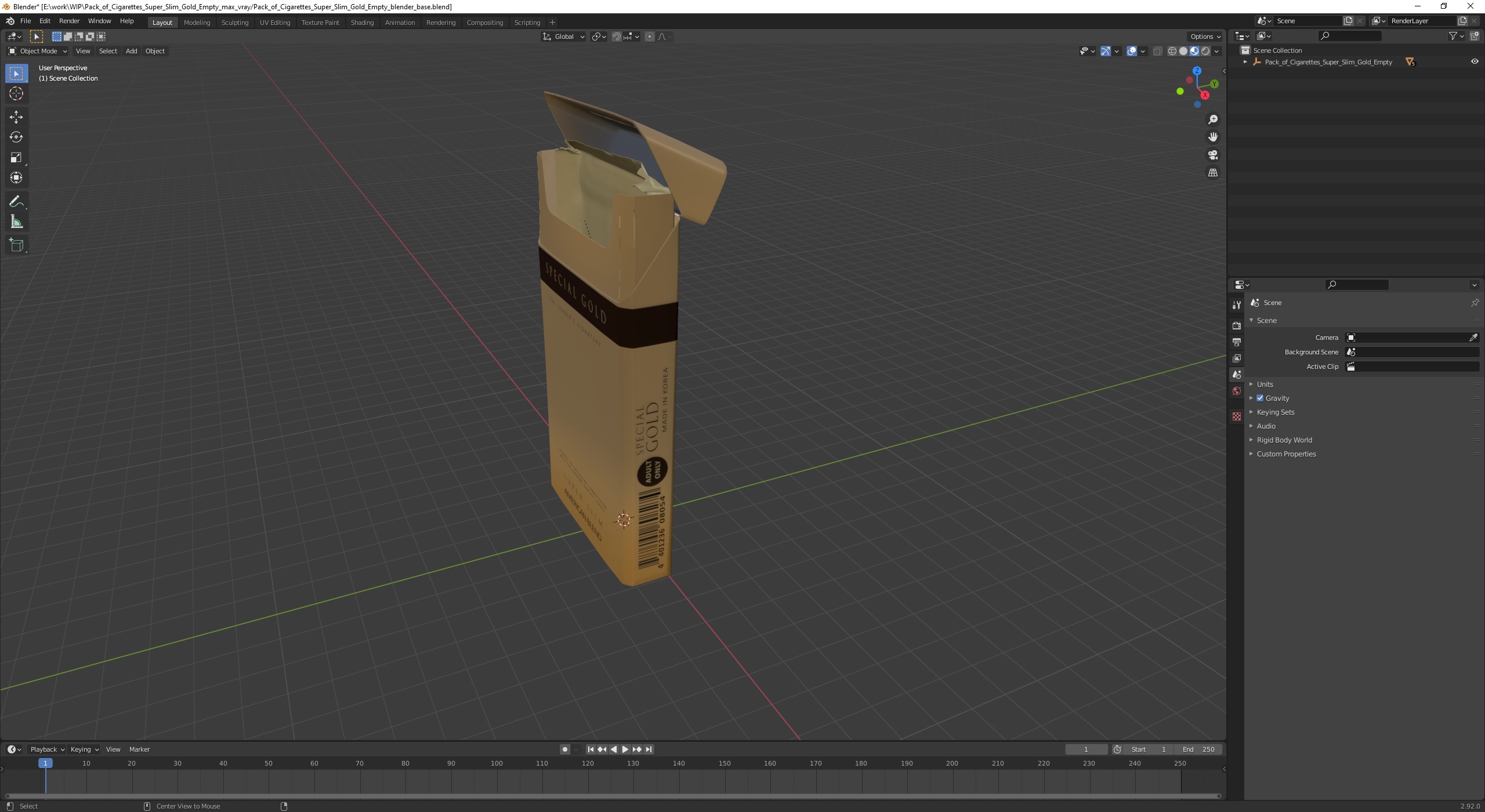3D model Pack of Cigarettes Super Slim Gold Empty