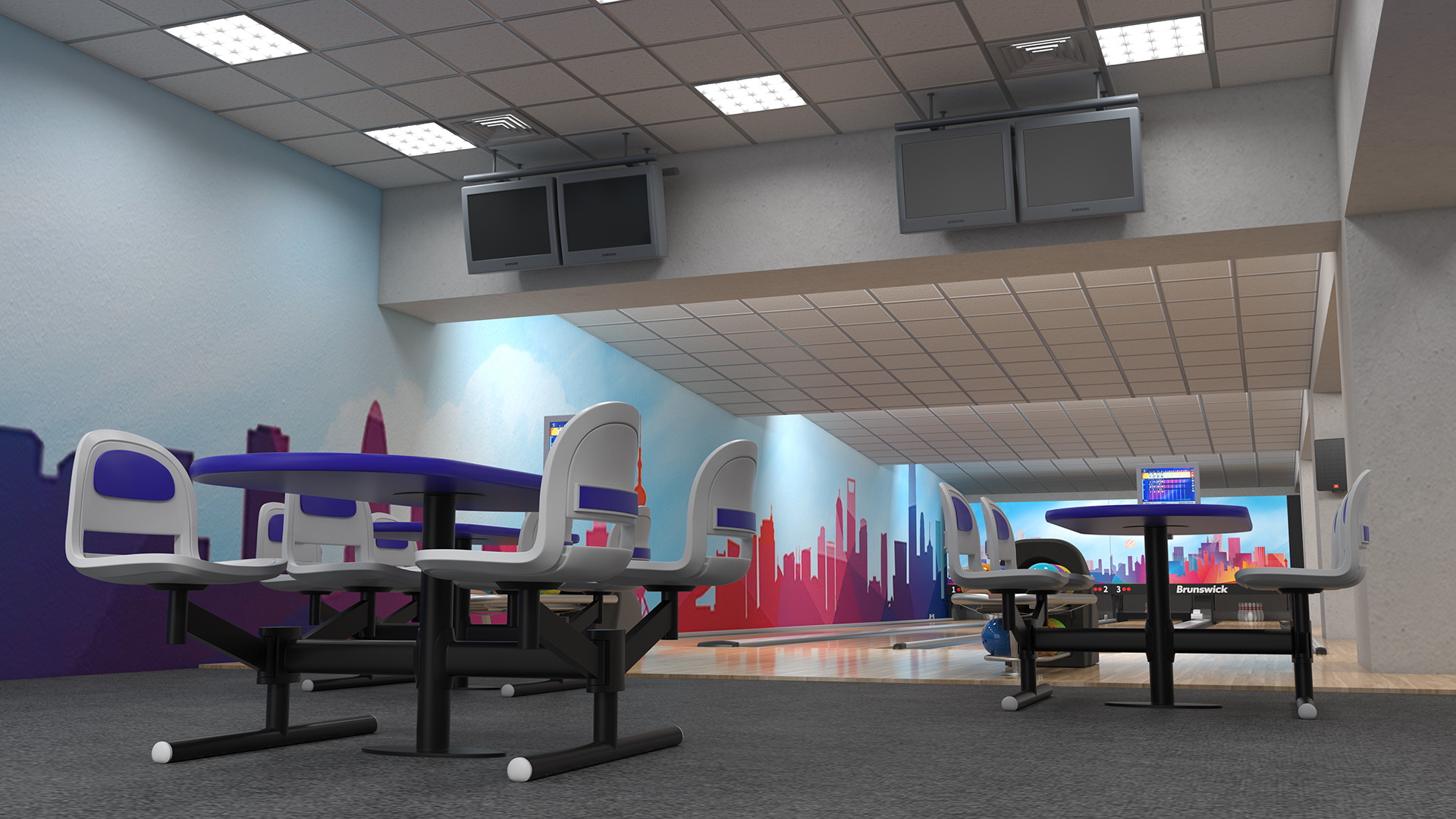 3D Bowling Center Interior with Furniture model