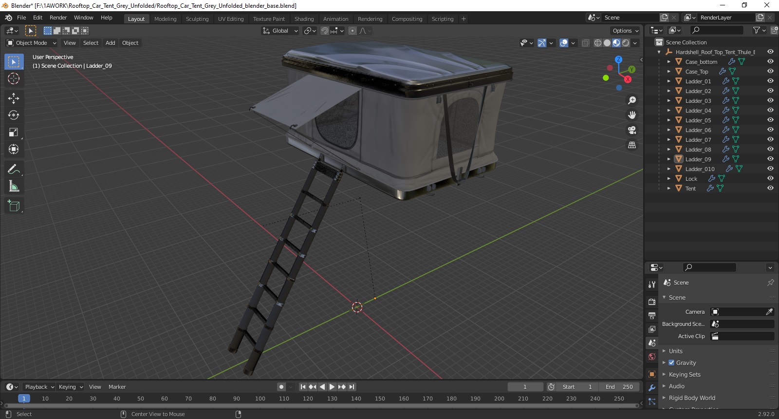 3D model Rooftop Car Tent Grey Unfolded