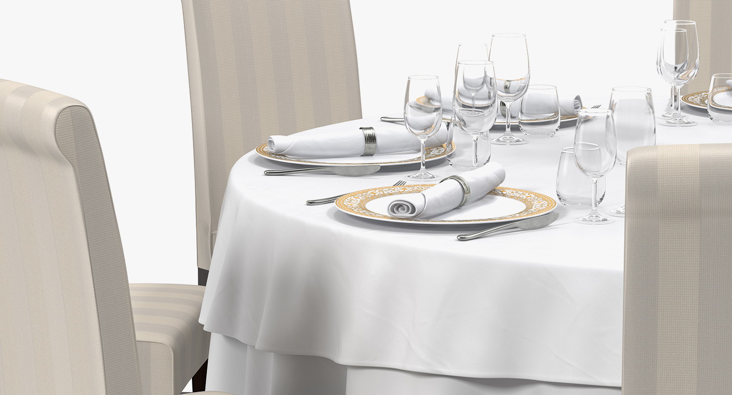 3D Round Restaurant Table Served With 8 Chairs model