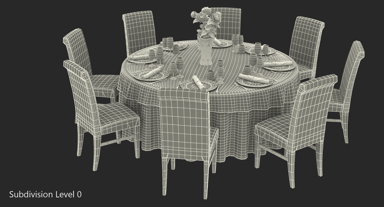 3D Round Restaurant Table Served With 8 Chairs model