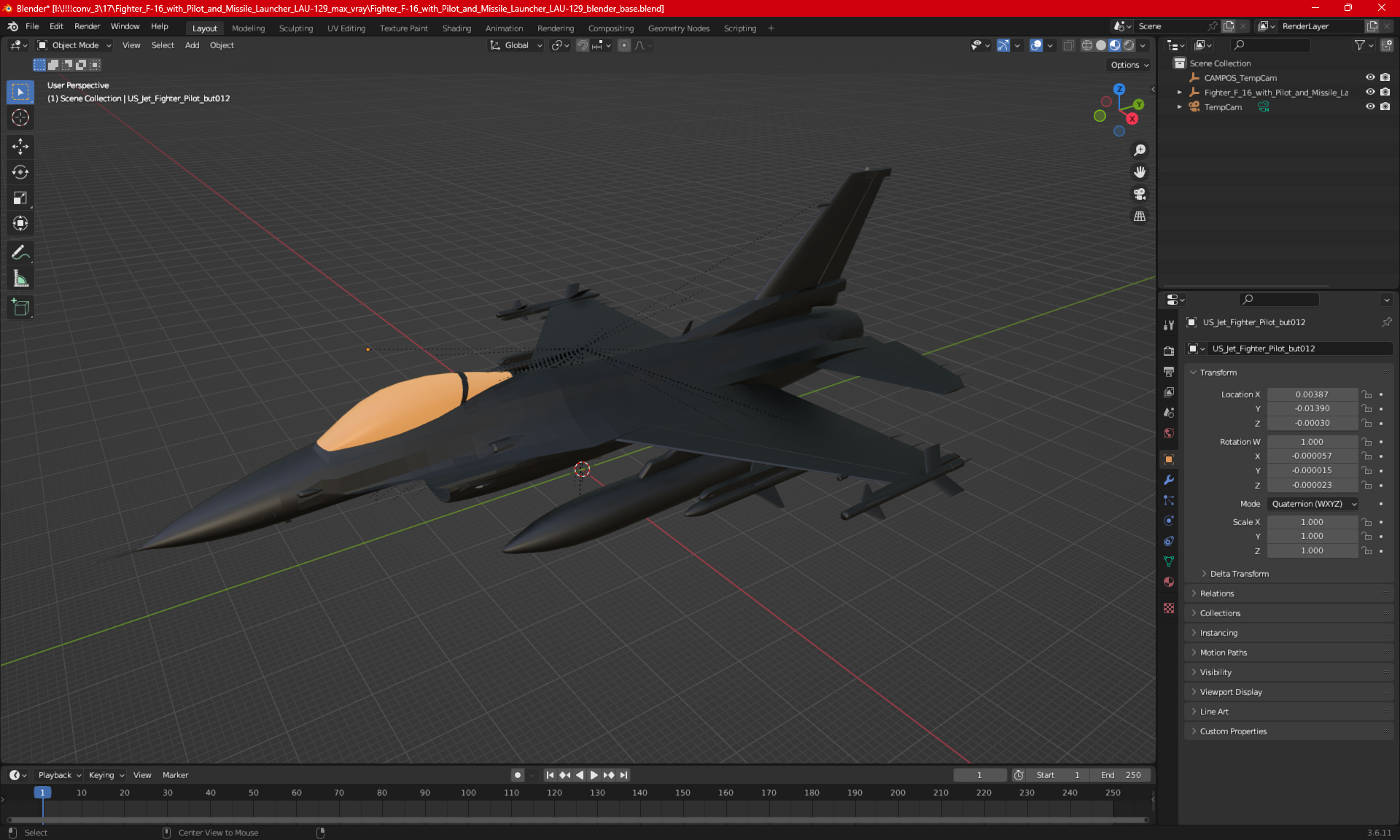 Fighter F-16 with Pilot and Missile Launcher LAU-129 3D