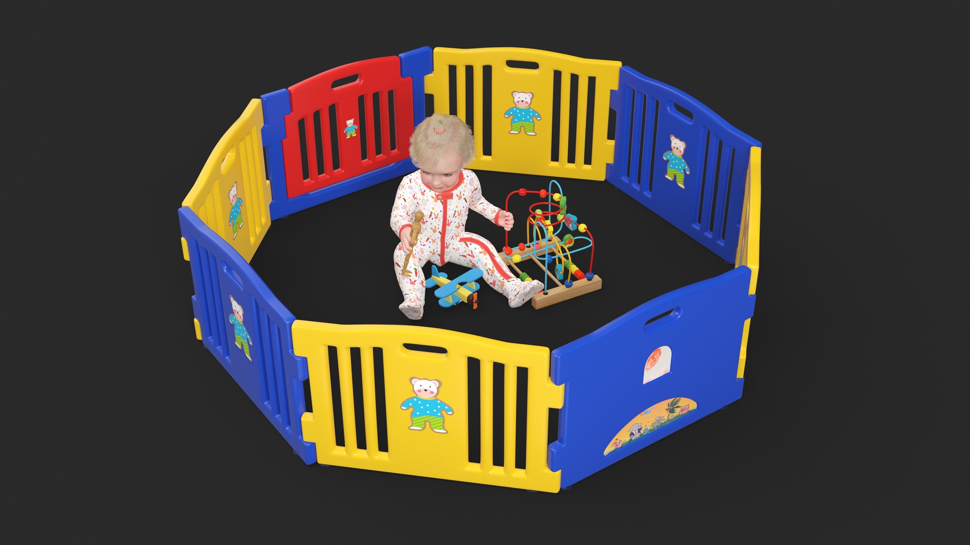Toddler Girl in Playpen with Toys Fur 3D