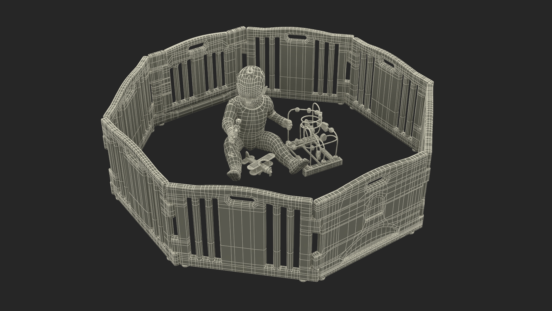 Toddler Girl in Playpen with Toys Fur 3D