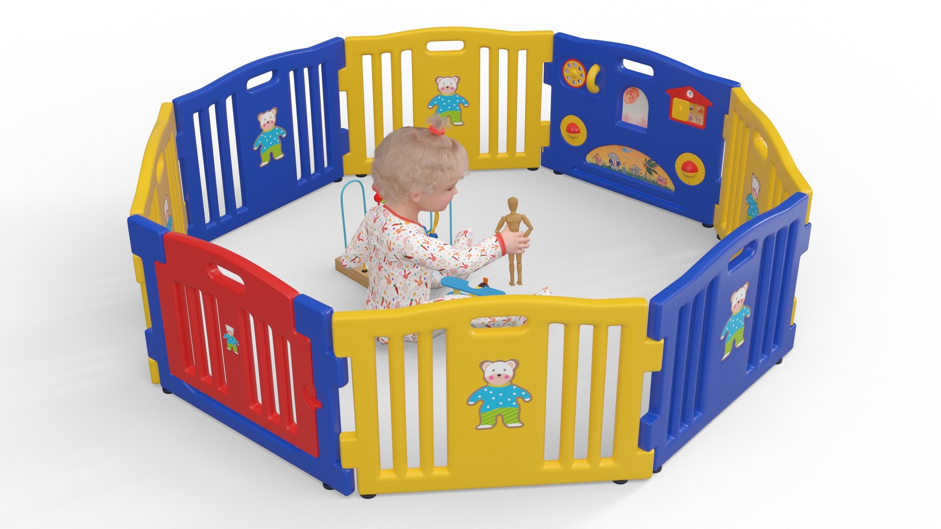 Toddler Girl in Playpen with Toys Fur 3D