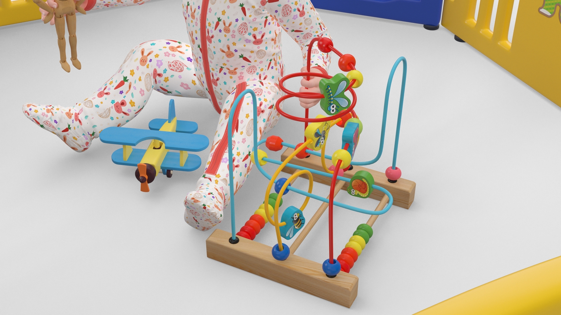 Toddler Girl in Playpen with Toys Fur 3D
