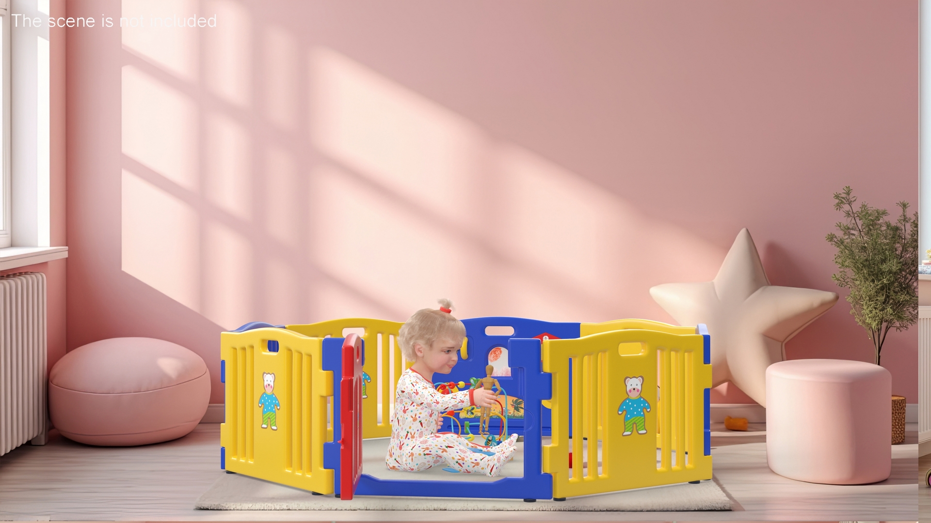 Toddler Girl in Playpen with Toys Fur 3D