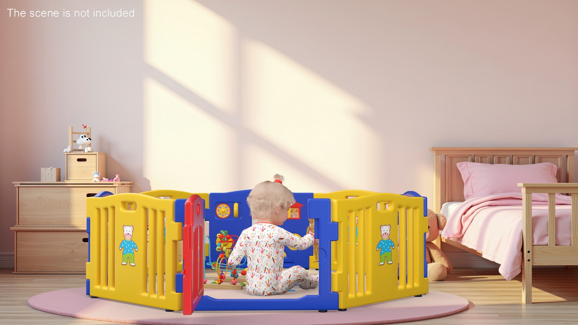 Toddler Girl in Playpen with Toys Fur 3D