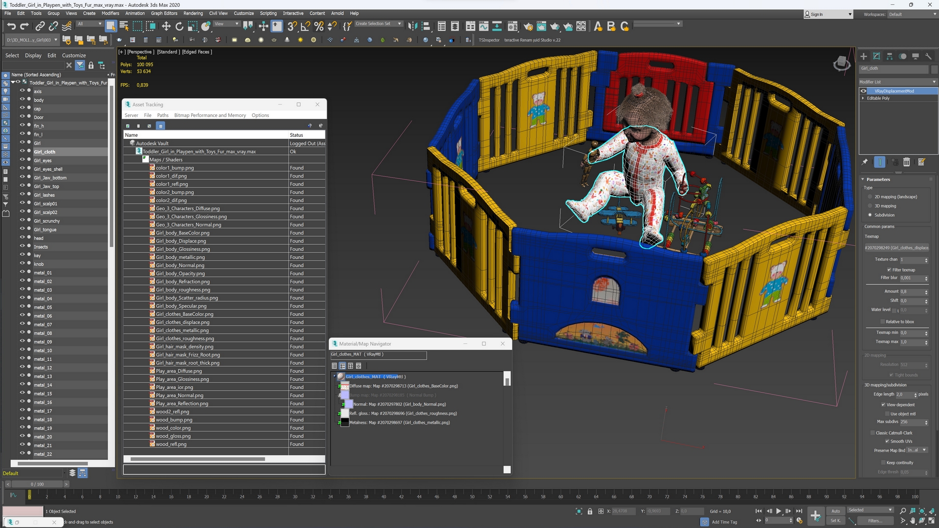 Toddler Girl in Playpen with Toys Fur 3D