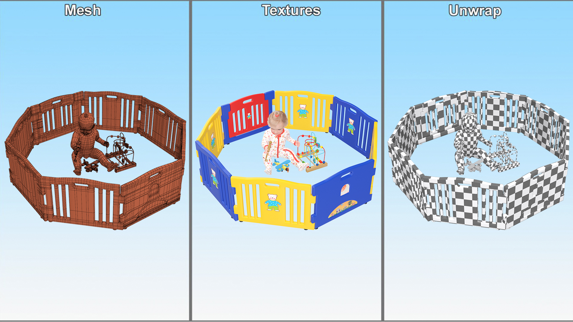 Toddler Girl in Playpen with Toys Fur 3D