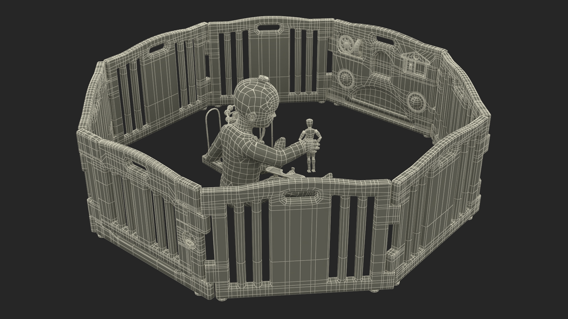 Toddler Girl in Playpen with Toys Fur 3D