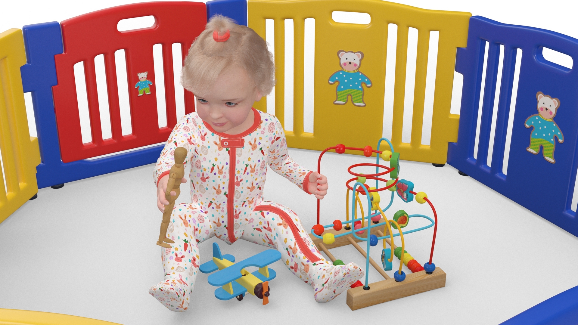 Toddler Girl in Playpen with Toys Fur 3D