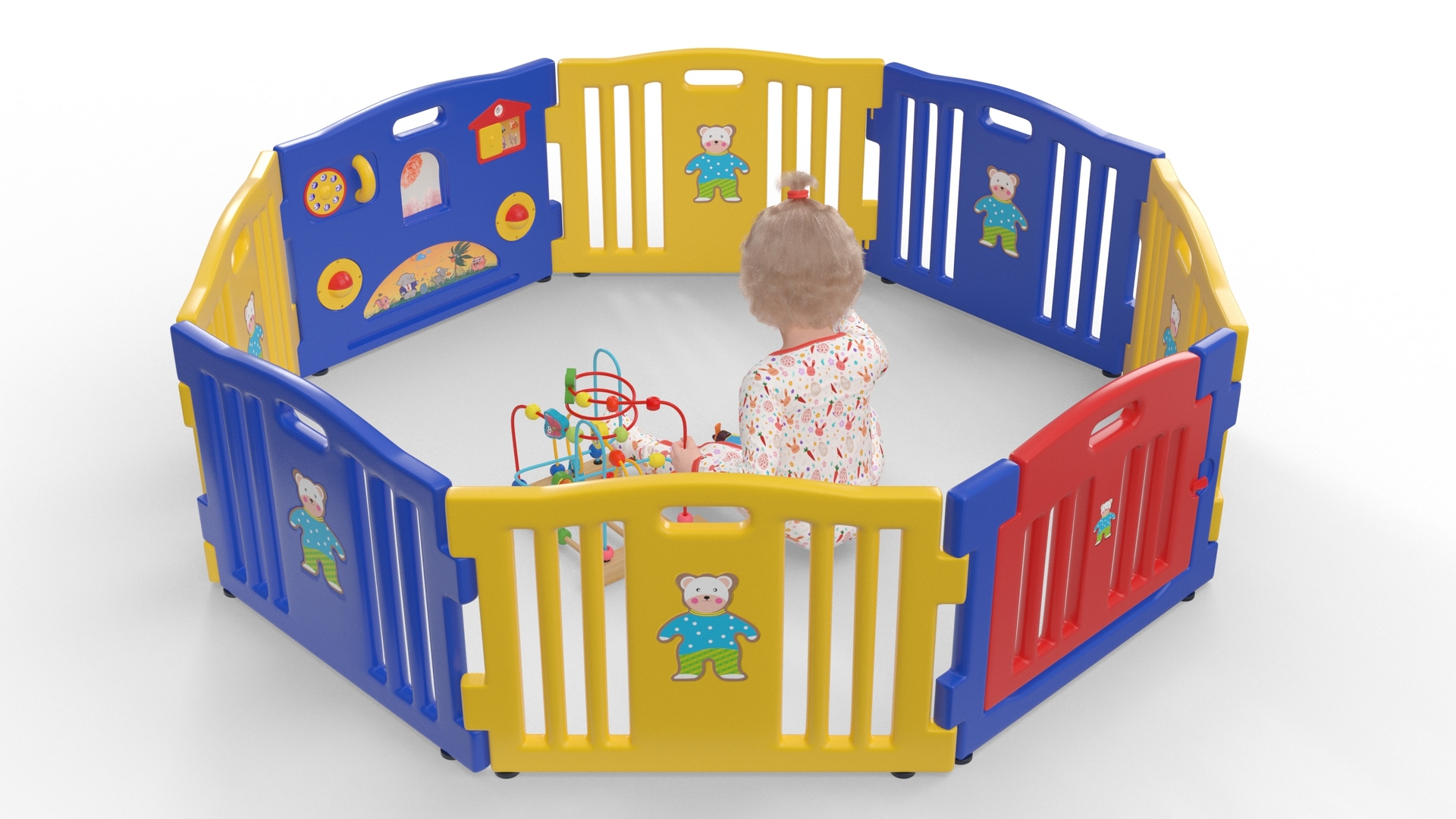 Toddler Girl in Playpen with Toys Fur 3D