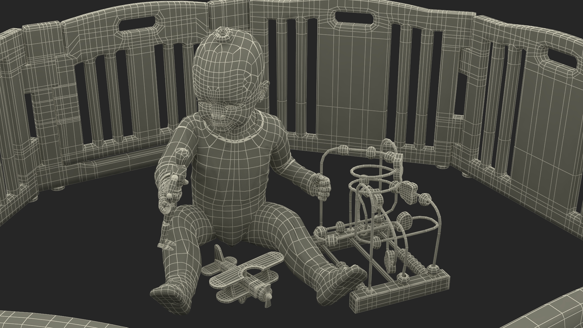 Toddler Girl in Playpen with Toys Fur 3D