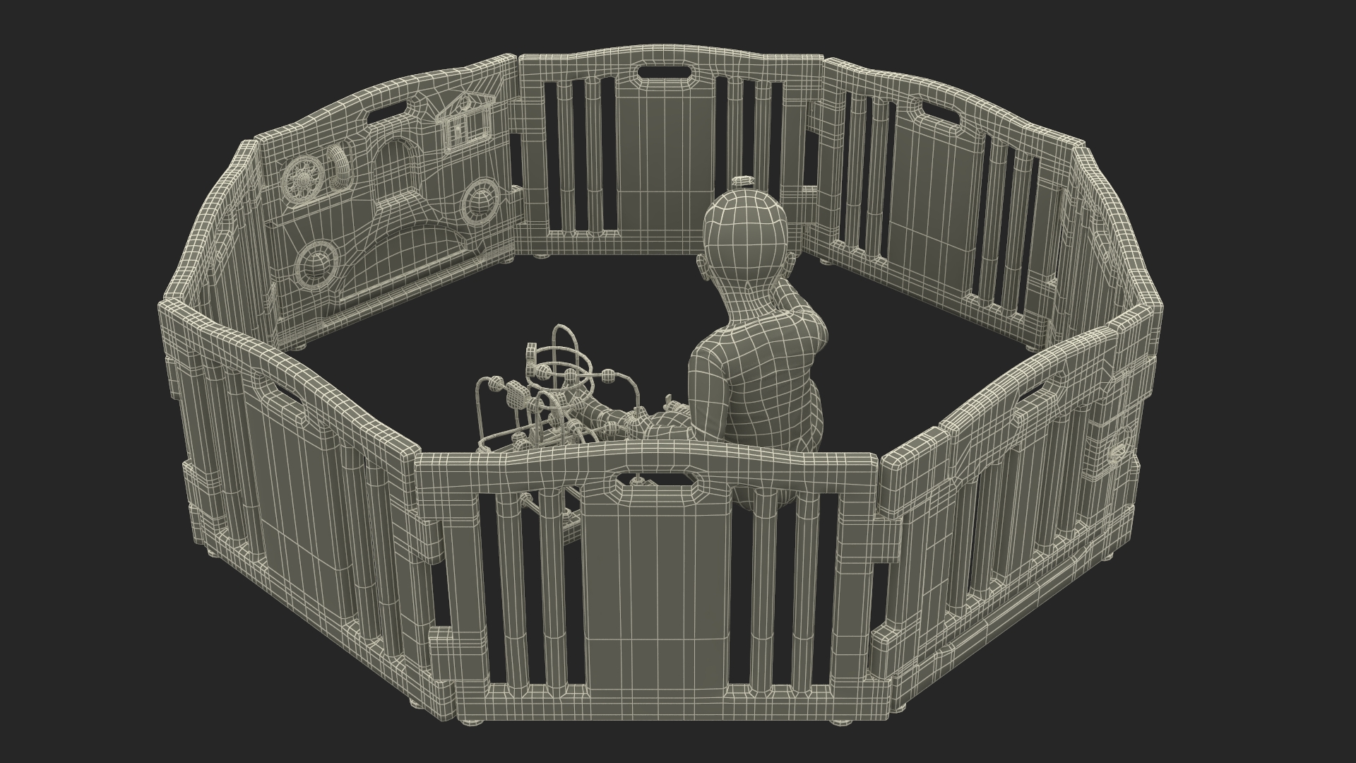 Toddler Girl in Playpen with Toys Fur 3D