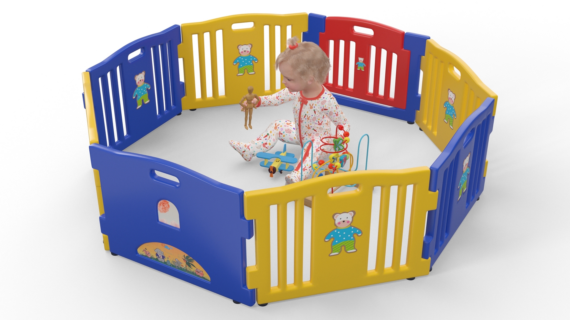 Toddler Girl in Playpen with Toys Fur 3D