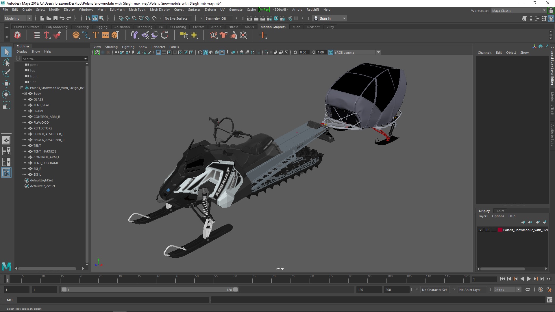 3D model Polaris Snowmobile with Sleigh