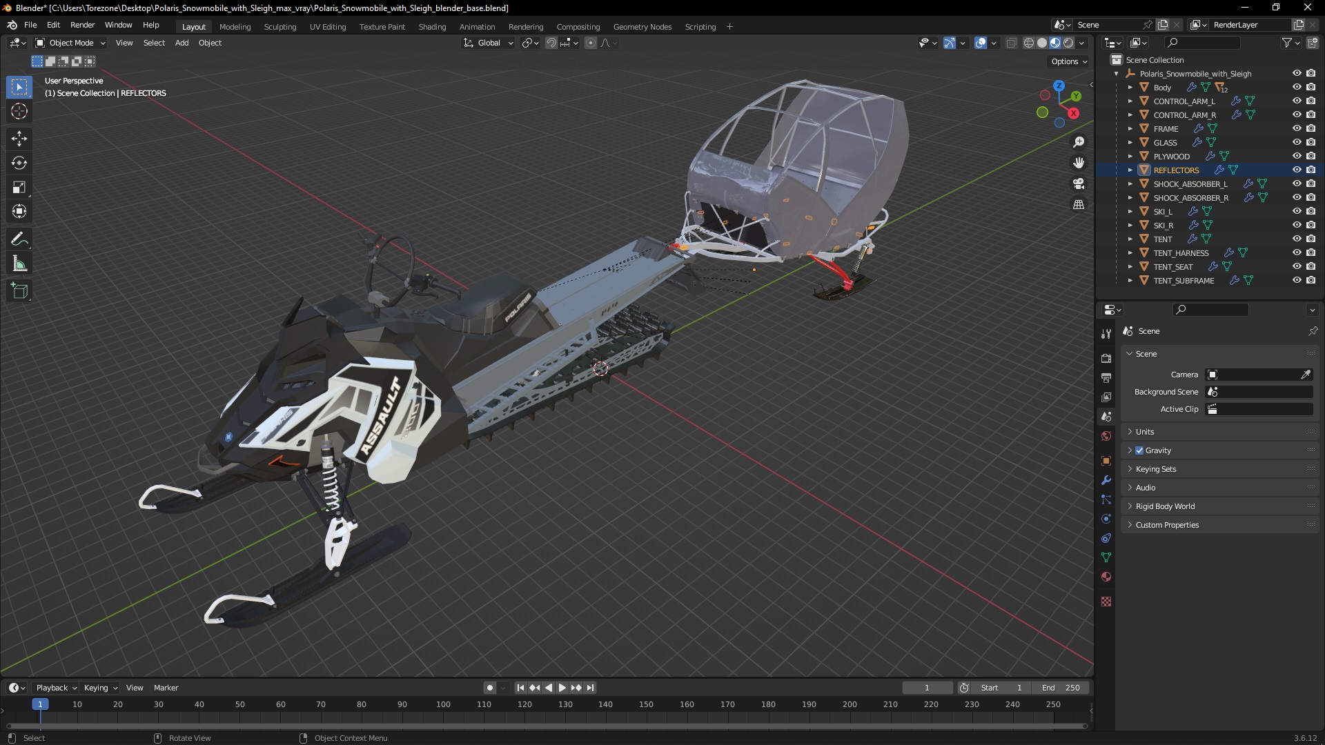 3D model Polaris Snowmobile with Sleigh