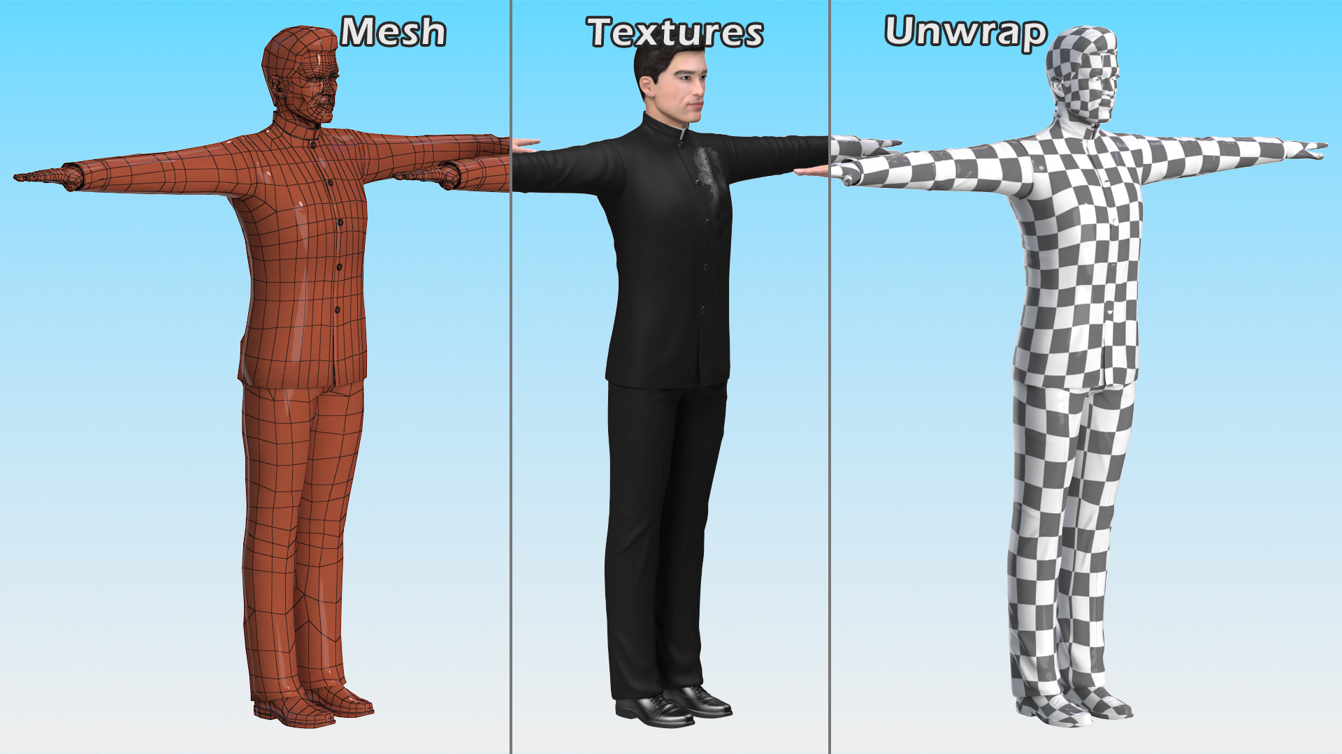 Asian Man Tunic Suit T Pose 3D