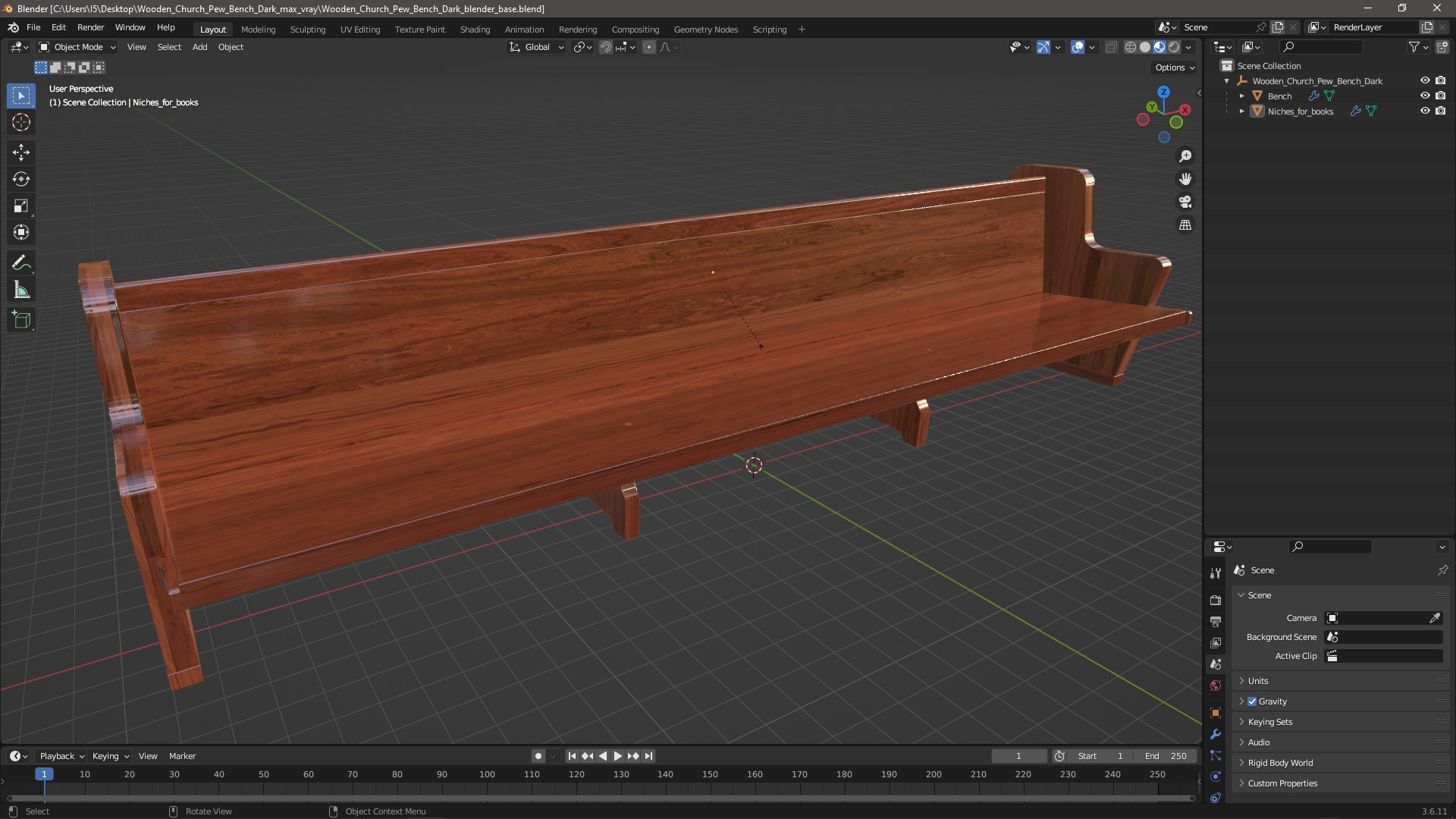 3D Wooden Church Pew Bench Dark model