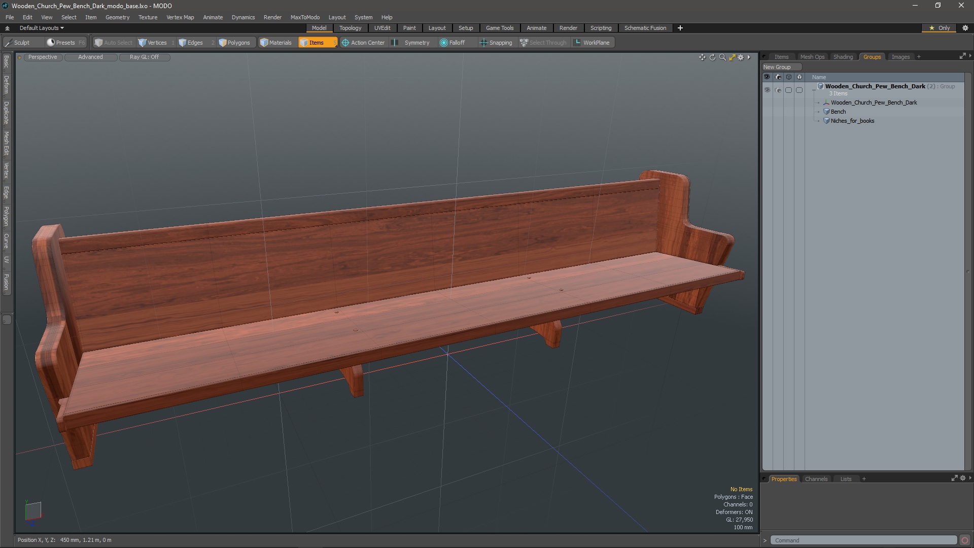 3D Wooden Church Pew Bench Dark model