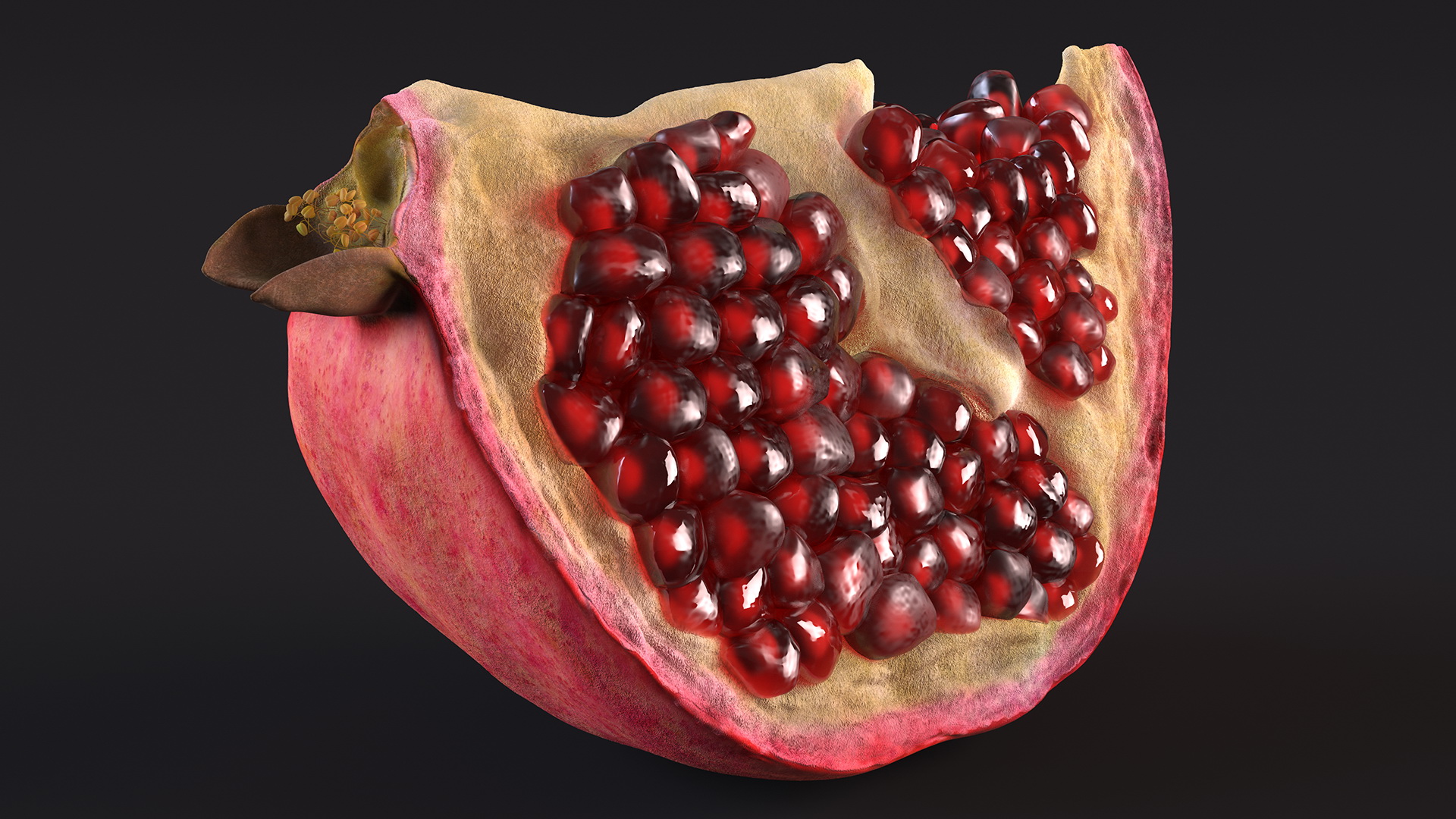 3D Fresh Pomegranate Quarter Slice