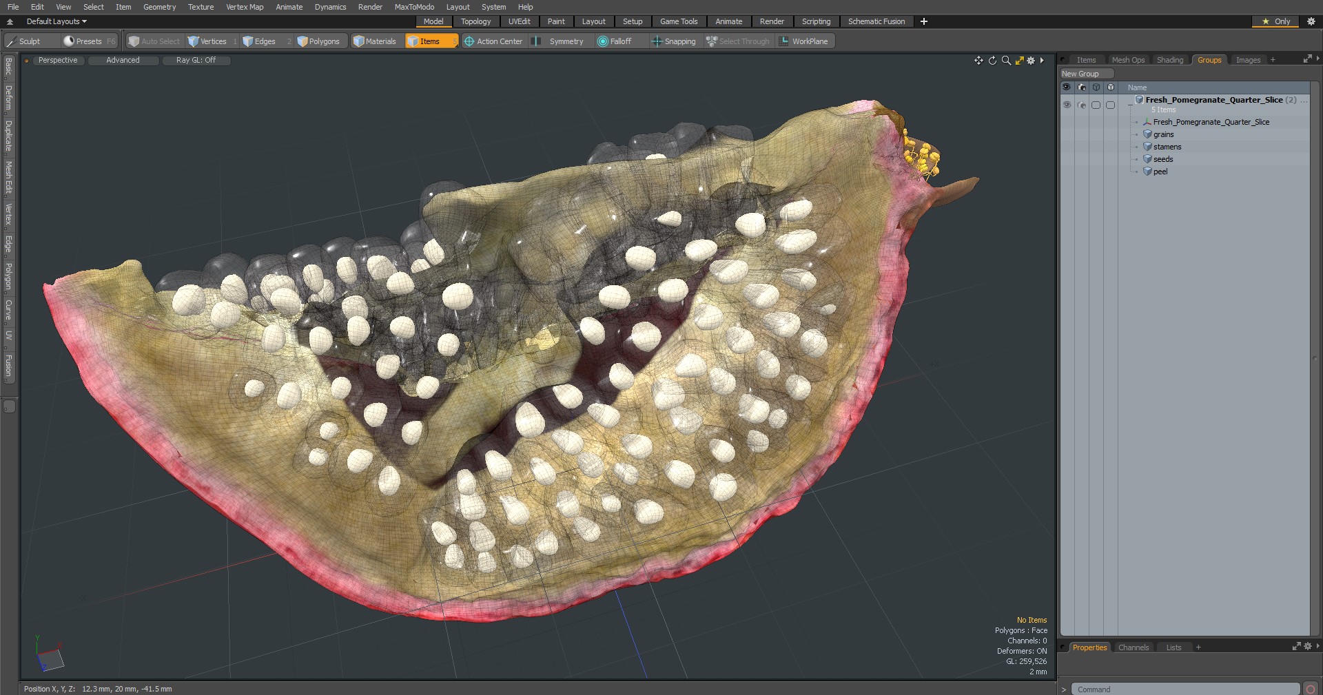 3D Fresh Pomegranate Quarter Slice
