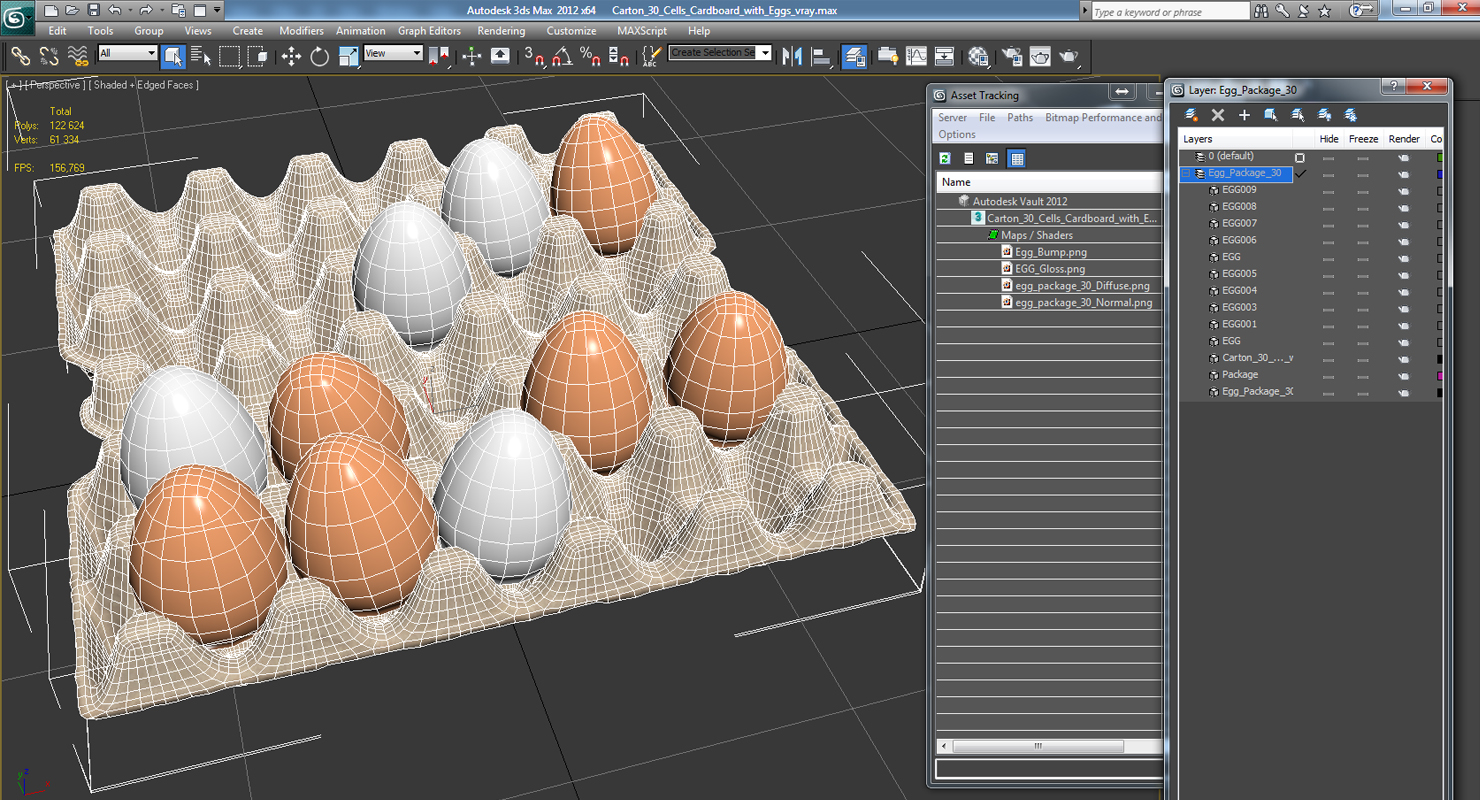 3D model Carton 30 Cells Cardboard with Eggs