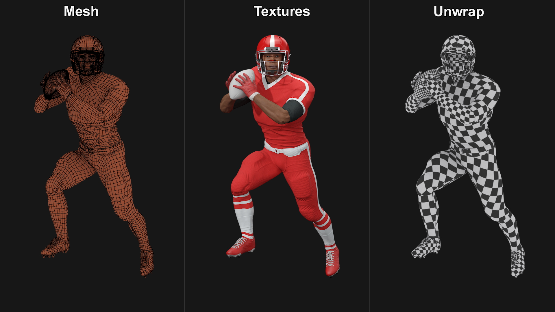 3D Black Man American Football Player Red Uniform Running The Ball model