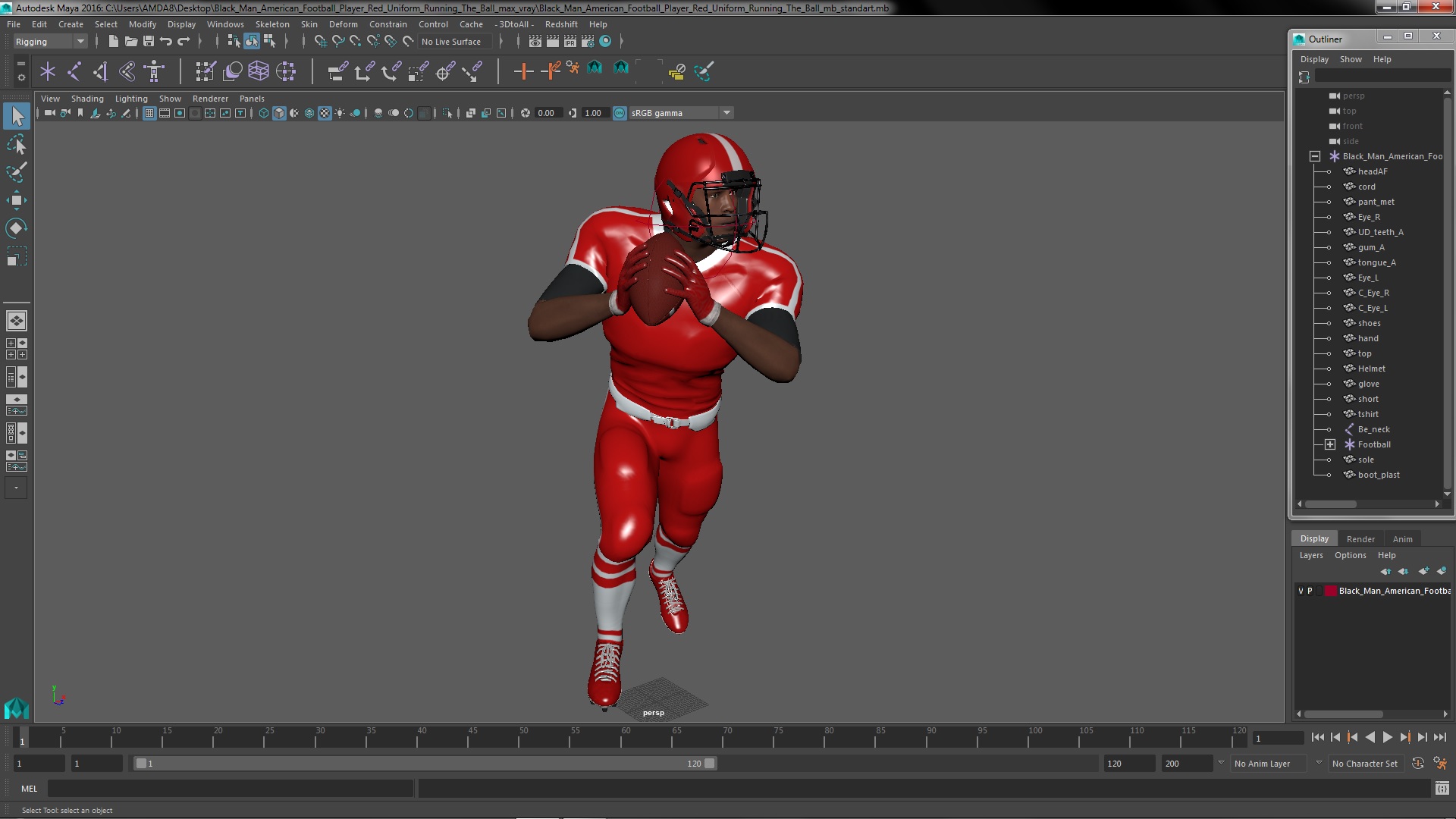 3D Black Man American Football Player Red Uniform Running The Ball model