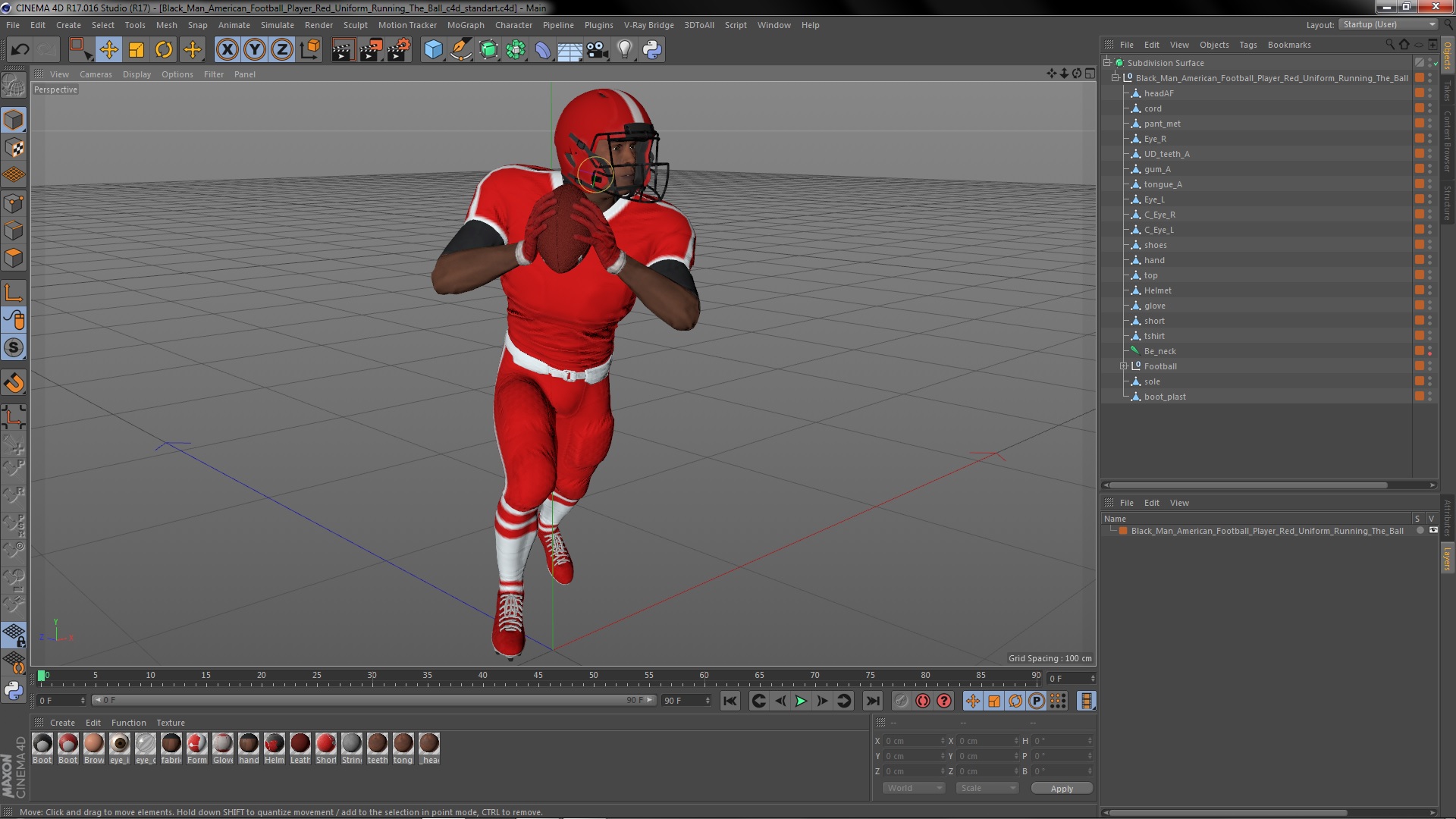 3D Black Man American Football Player Red Uniform Running The Ball model