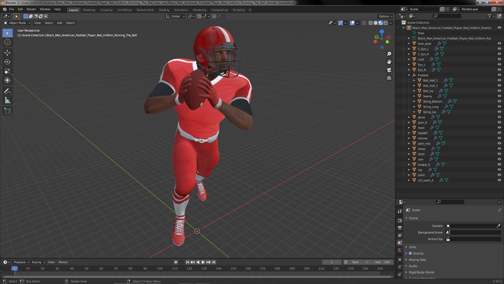3D Black Man American Football Player Red Uniform Running The Ball model