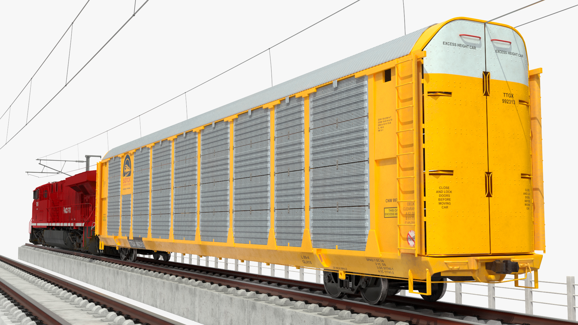 3D Freight Train with Autorack Train Car on Railway model