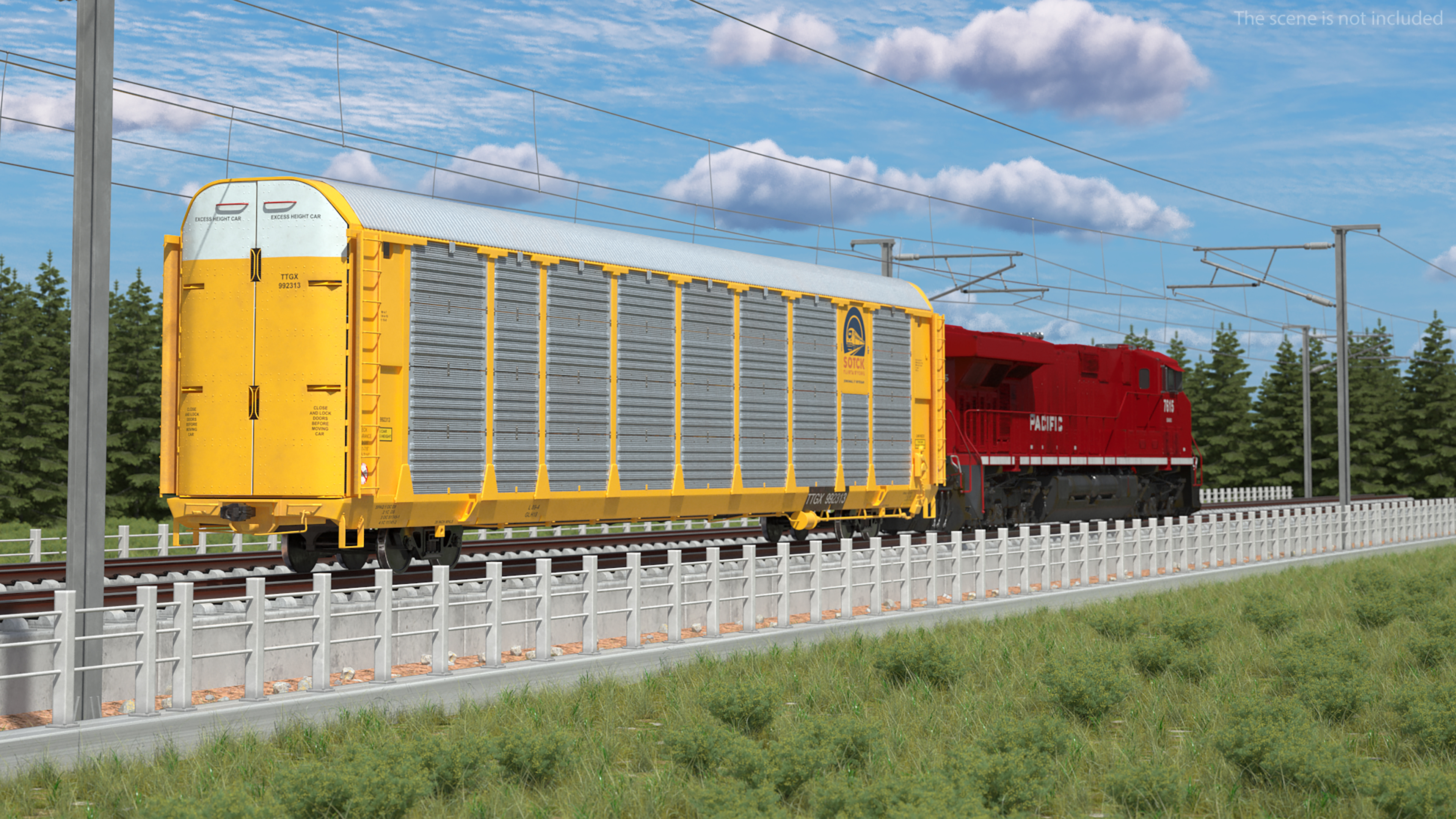 3D Freight Train with Autorack Train Car on Railway model