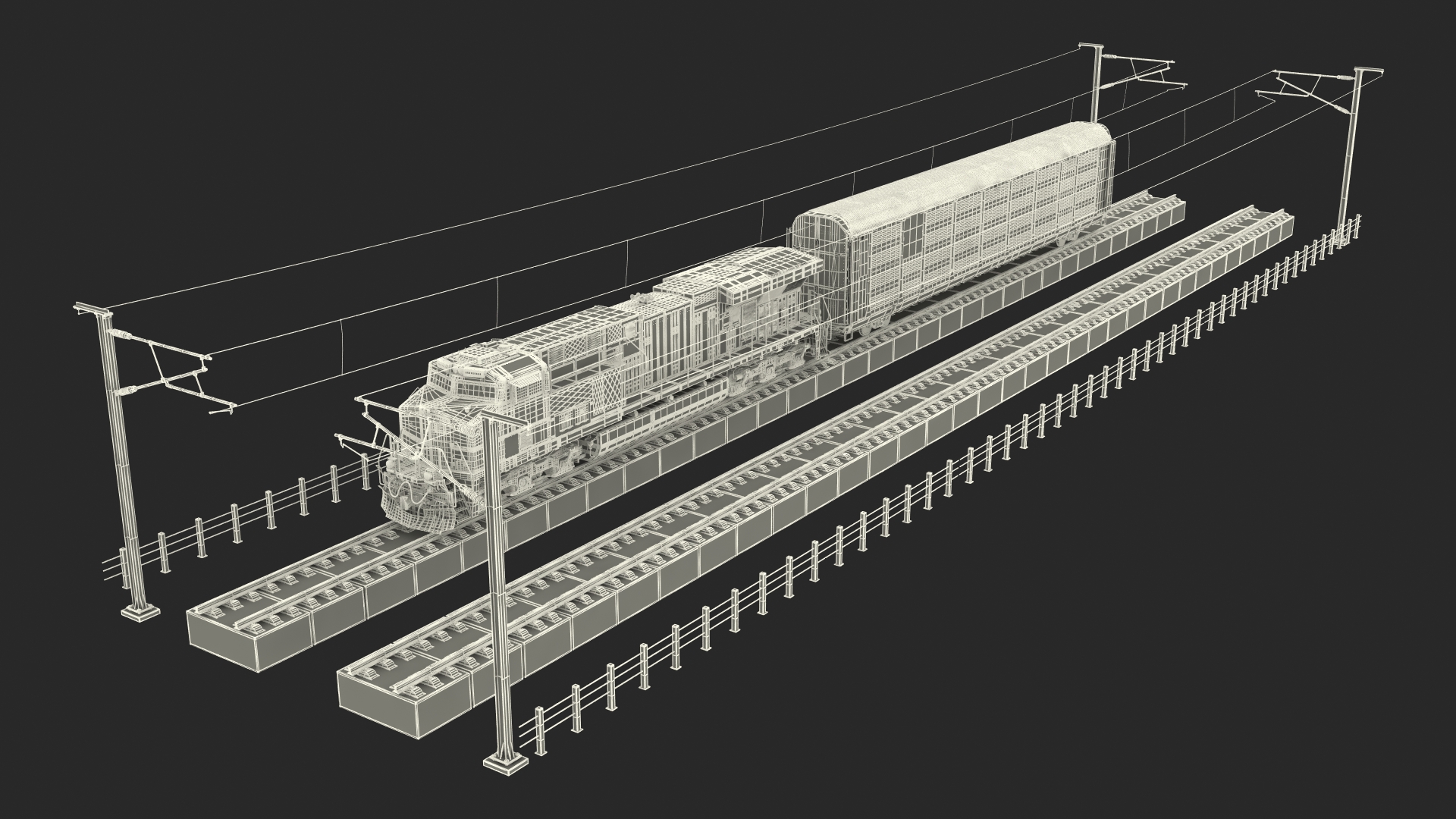 3D Freight Train with Autorack Train Car on Railway model