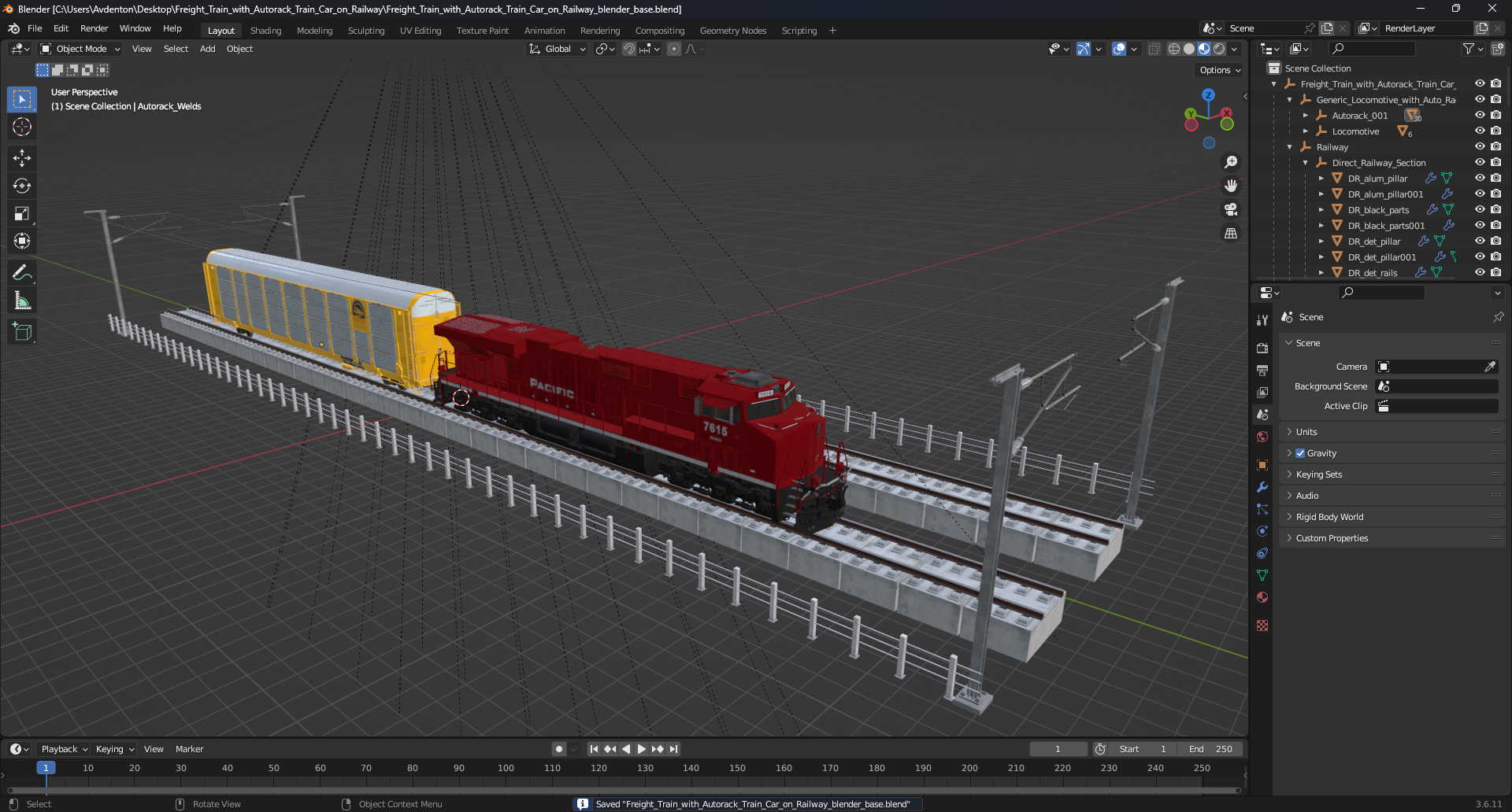 3D Freight Train with Autorack Train Car on Railway model
