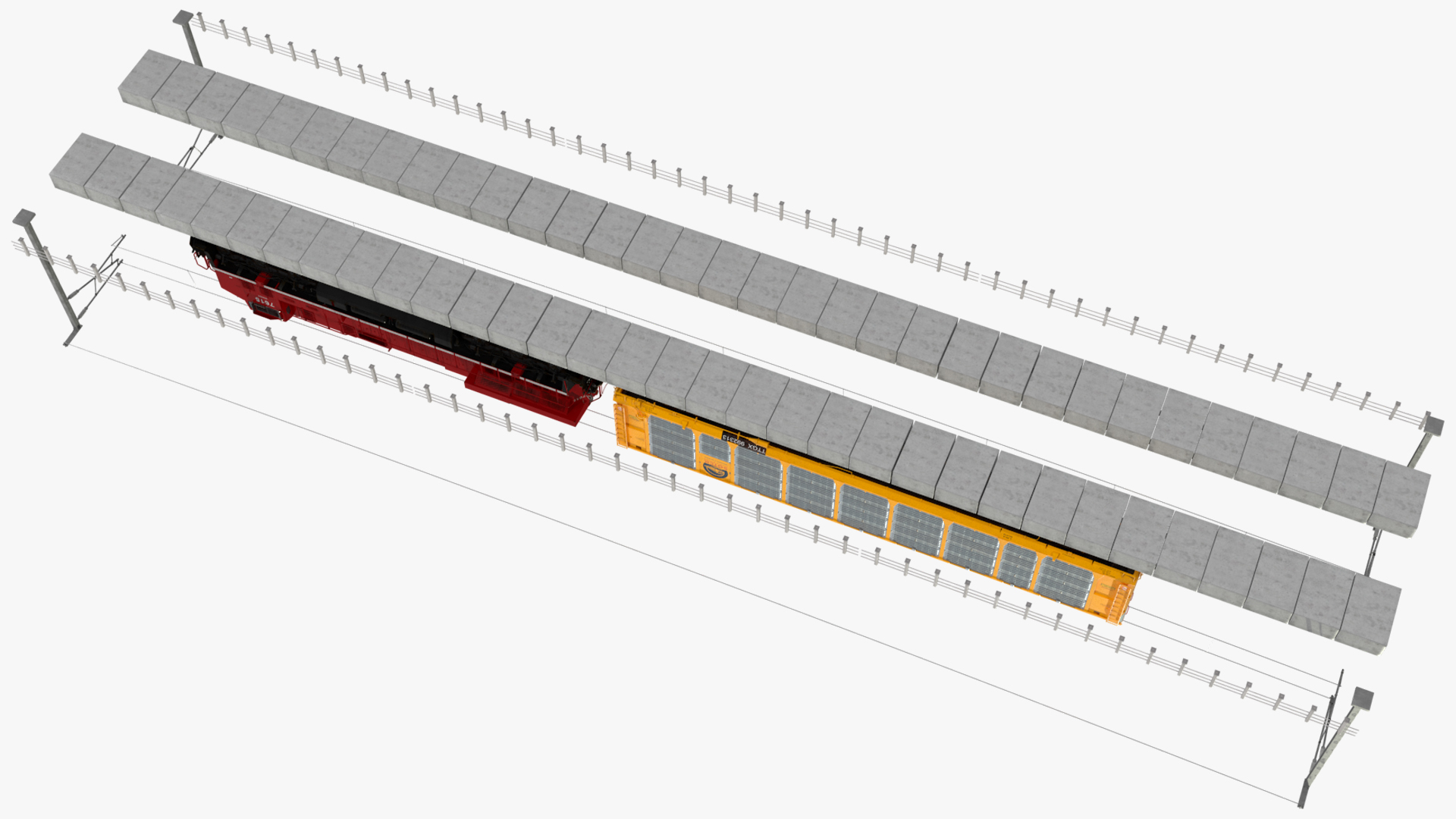 3D Freight Train with Autorack Train Car on Railway model