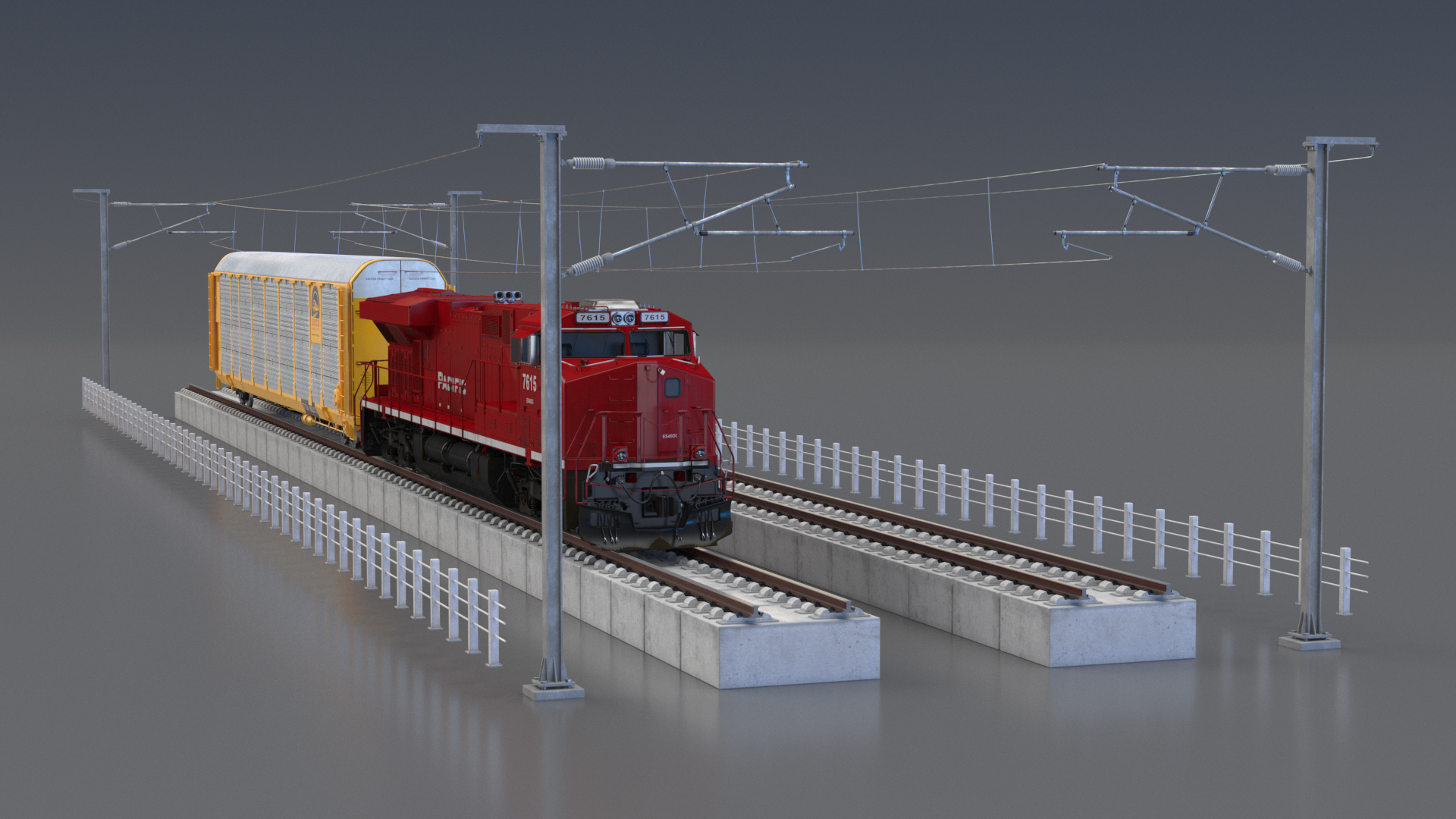 3D Freight Train with Autorack Train Car on Railway model