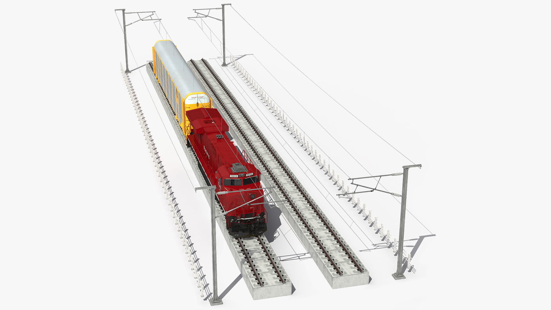 3D Freight Train with Autorack Train Car on Railway model