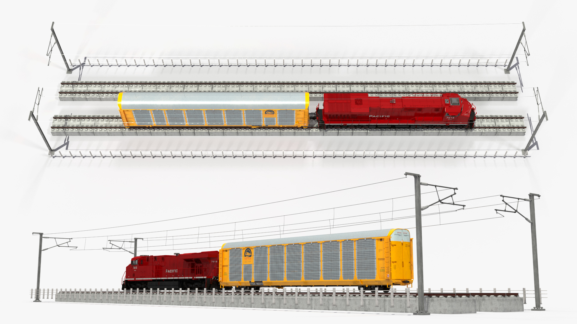 3D Freight Train with Autorack Train Car on Railway model