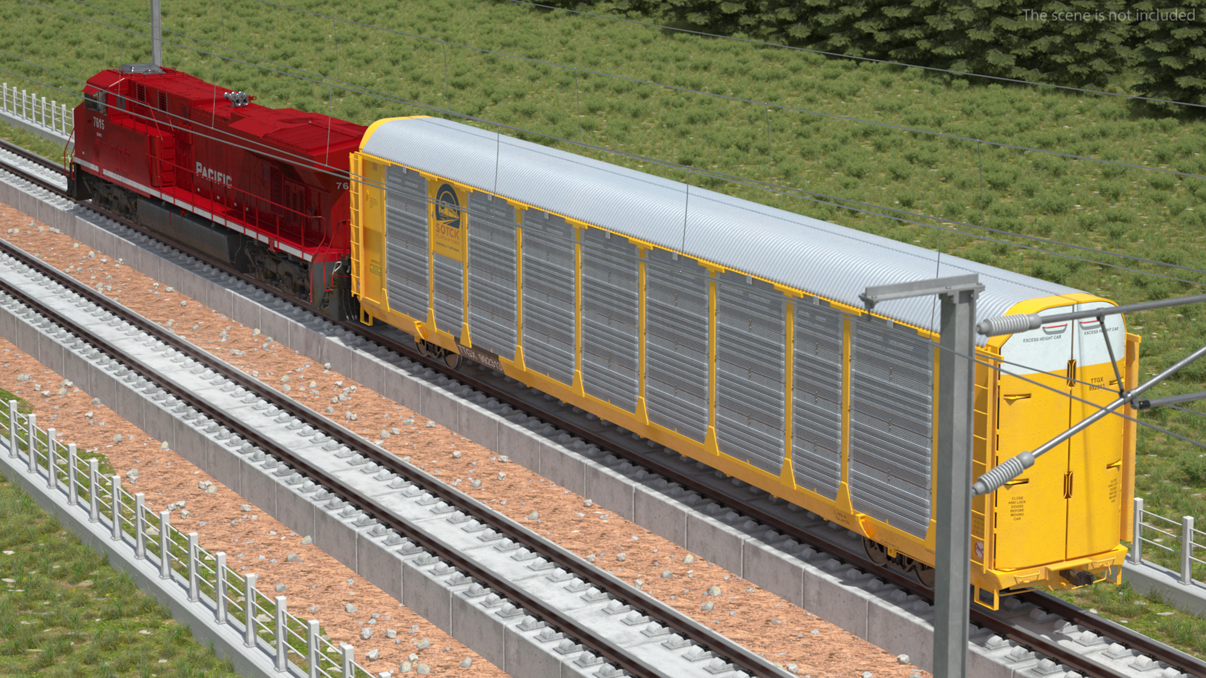 3D Freight Train with Autorack Train Car on Railway model